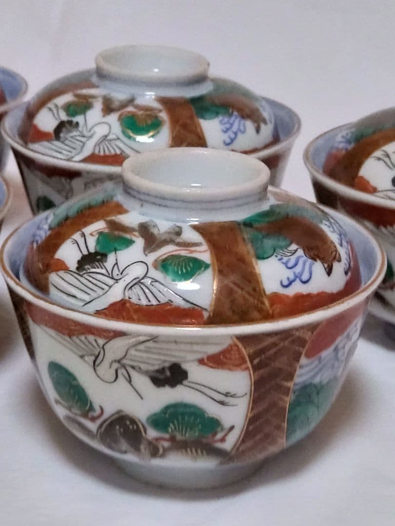 生活骨董　九谷焼　大聖寺焼　色絵鶴亀文蓋付き　染付飯碗セット