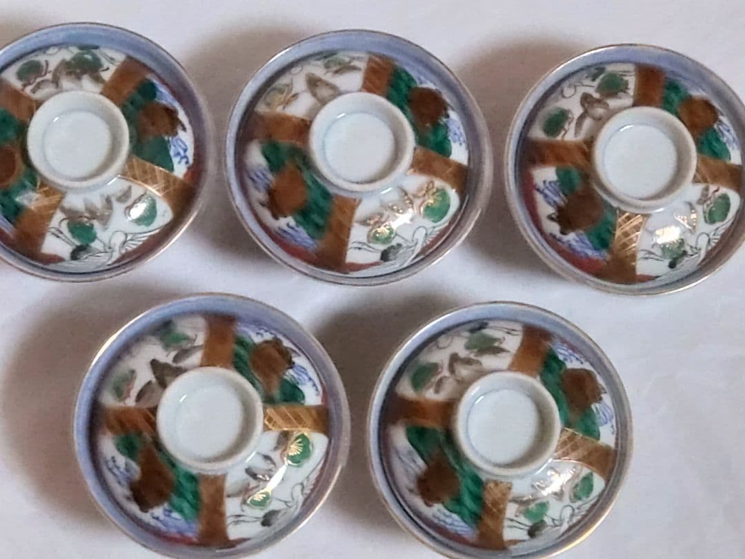 生活骨董　九谷焼　大聖寺焼　色絵鶴亀文蓋付き　染付飯碗セット