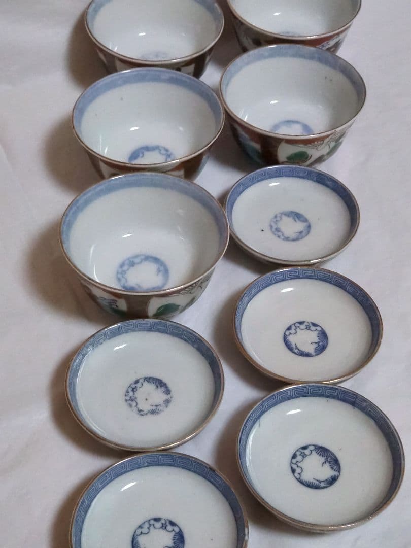 生活骨董　九谷焼　大聖寺焼　色絵鶴亀文蓋付き　染付飯碗セット