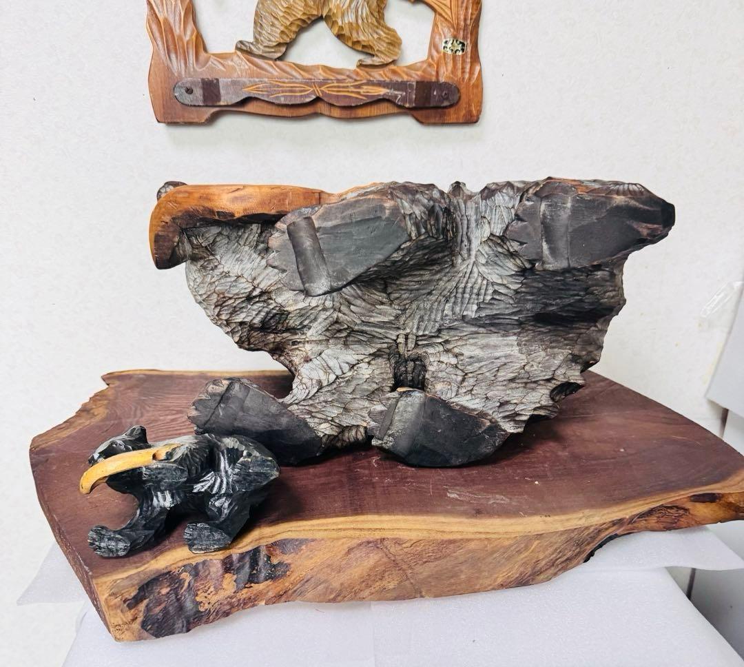 美品 北海道伝統工芸 木彫り 彫刻　親子熊 鮭 飾り台一枚板 壁掛け 4点セット