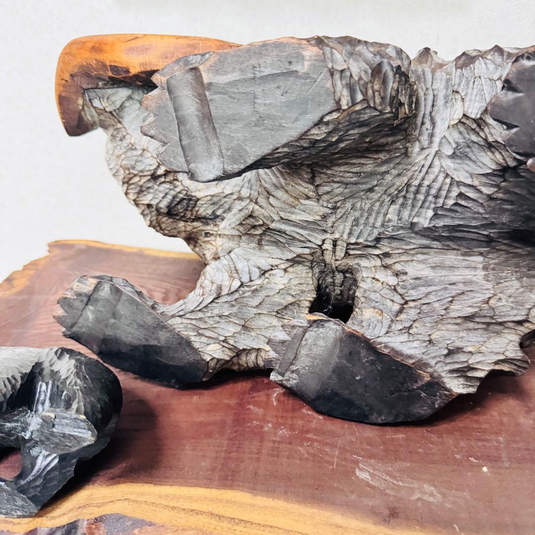 美品 北海道伝統工芸 木彫り 彫刻　親子熊 鮭 飾り台一枚板 壁掛け 4点セット