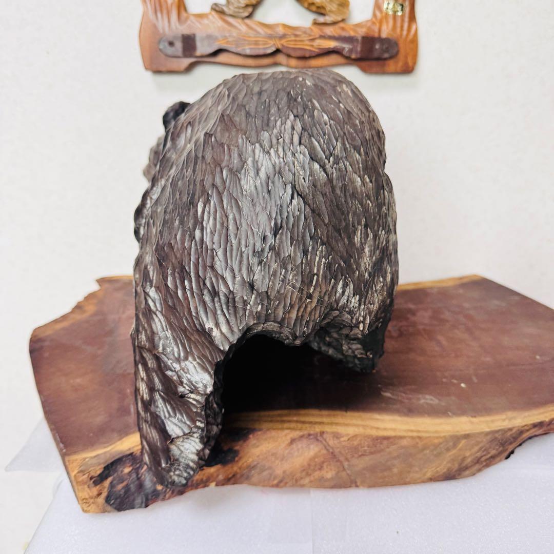 美品 北海道伝統工芸 木彫り 彫刻　親子熊 鮭 飾り台一枚板 壁掛け 4点セット