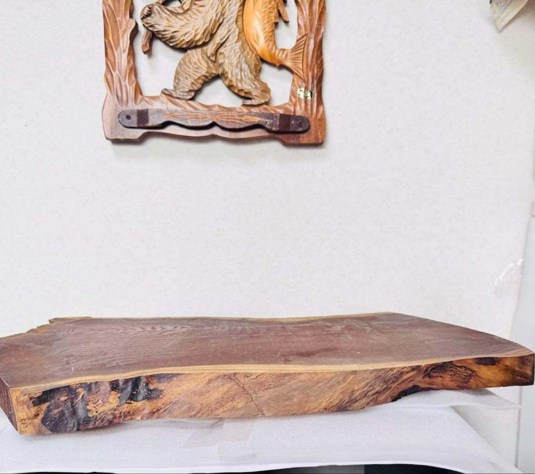 美品 北海道伝統工芸 木彫り 彫刻　親子熊 鮭 飾り台一枚板 壁掛け 4点セット