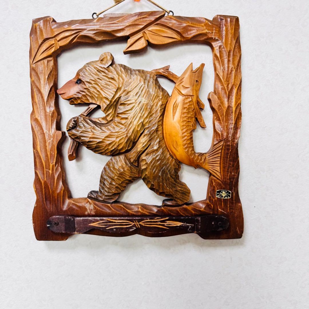 美品 北海道伝統工芸 木彫り 彫刻　親子熊 鮭 飾り台一枚板 壁掛け 4点セット