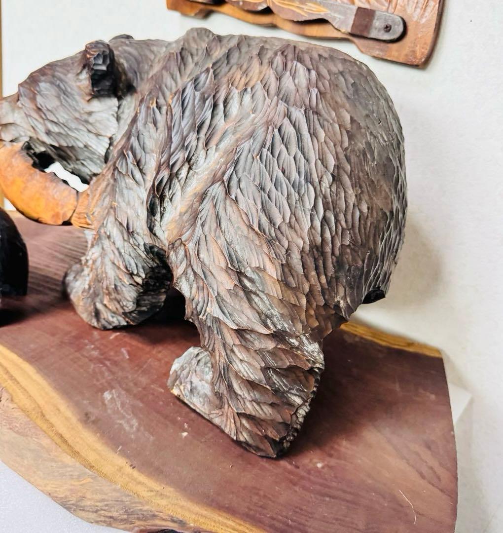 美品 北海道伝統工芸 木彫り 彫刻　親子熊 鮭 飾り台一枚板 壁掛け 4点セット