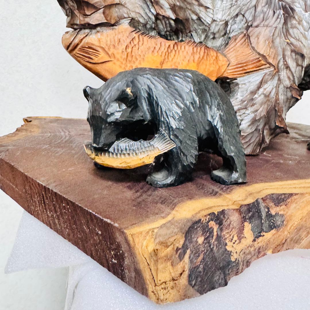 美品 北海道伝統工芸 木彫り 彫刻　親子熊 鮭 飾り台一枚板 壁掛け 4点セット
