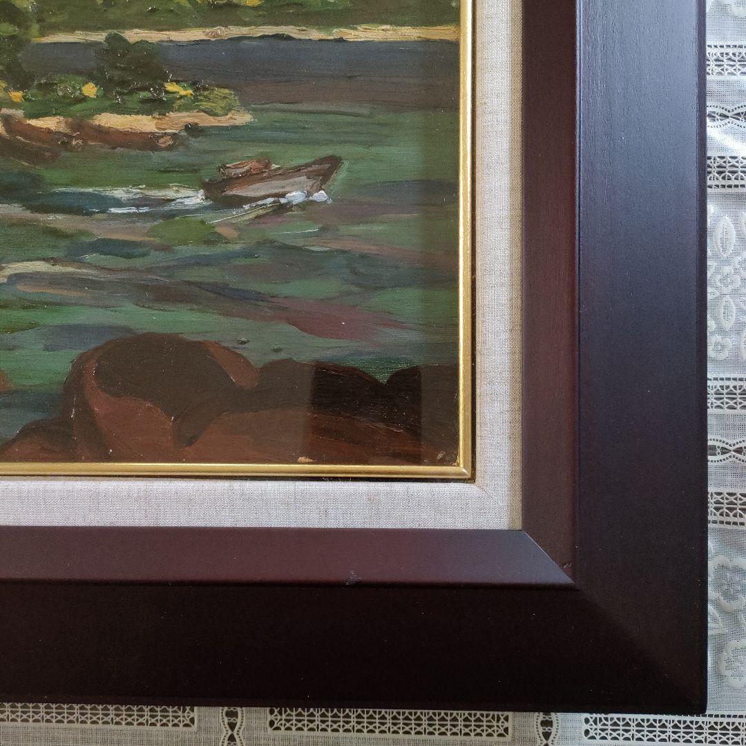 中野　亨(二紀会同人)　油彩画 F8号『夏の河口湖畔』マホガニー額装、共箱付