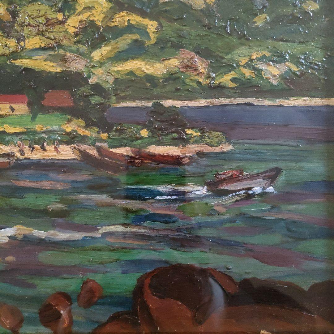 中野　亨(二紀会同人)　油彩画 F8号『夏の河口湖畔』マホガニー額装、共箱付