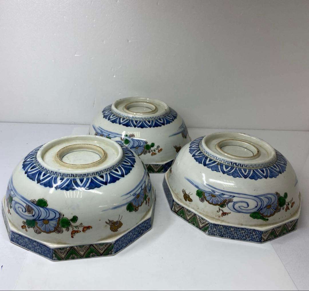 古伊万里　染錦　面取　鉢3点　麒麟図　タサコサ　東さ7-1124③