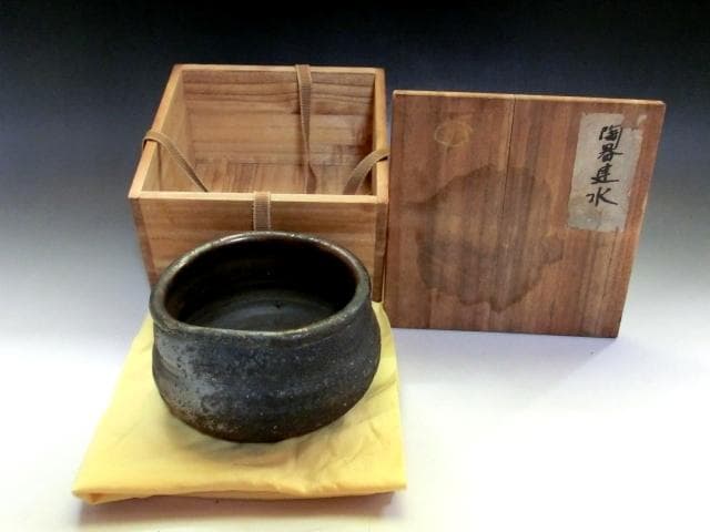 建水■古備前 陶器建水 歪み茶器 古いお茶道具 古美術 時代物 骨董品■