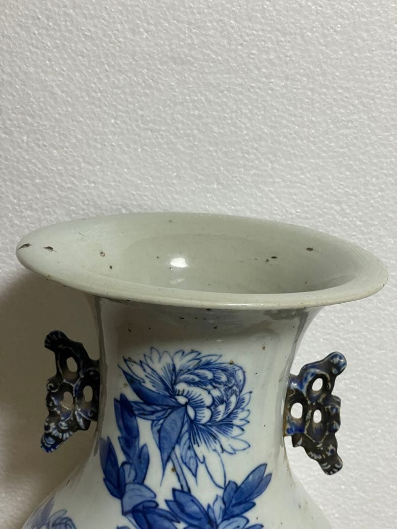 中国古玩　染付 双耳 大花瓶 高約43.2cm 清朝 時代物 中国美術 花瓶