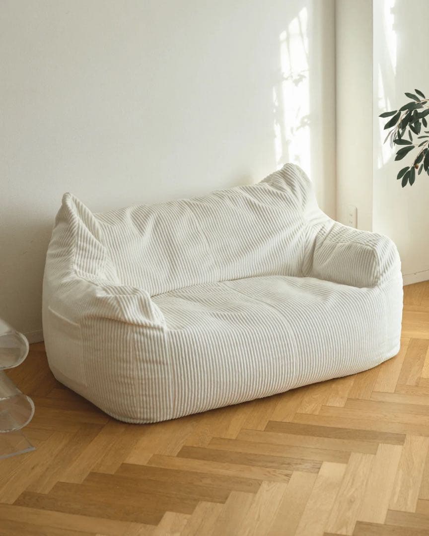 ホワイト コーデュロイ ビーズクッションソファ 2人掛け