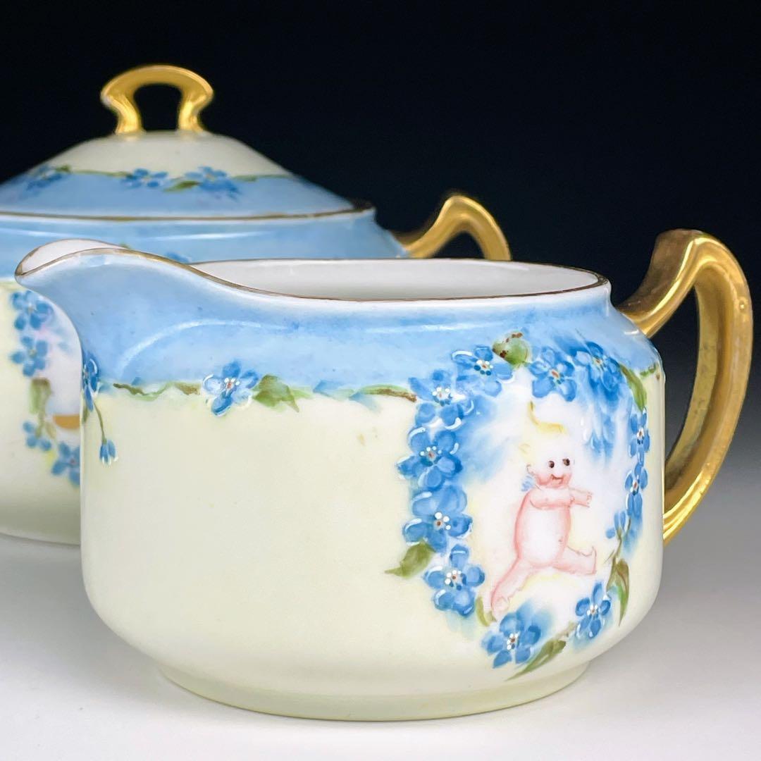 【希少】オールドノリタケ ケーキューピー 勿忘草紋 シュガーボウル クリーマー