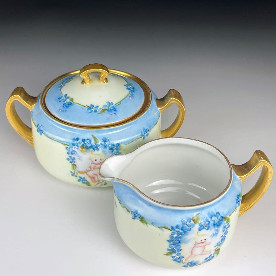 【希少】オールドノリタケ ケーキューピー 勿忘草紋 シュガーボウル クリーマー