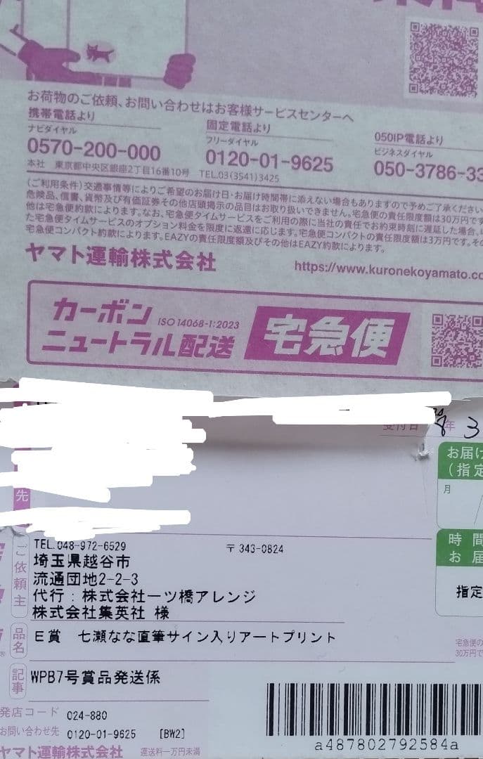 完全未開封　当選品　七瀬なな直筆サイン入り　プレイボーイ表紙アートプリント