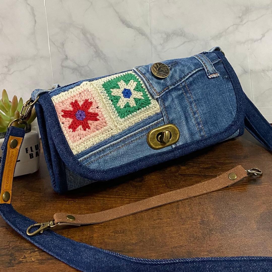 デニムリメイク【長財布】スマホショルダー バッグ グラニースクエア ハンドメイド