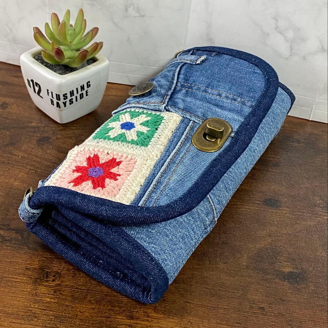 デニムリメイク【長財布】スマホショルダー バッグ グラニースクエア ハンドメイド