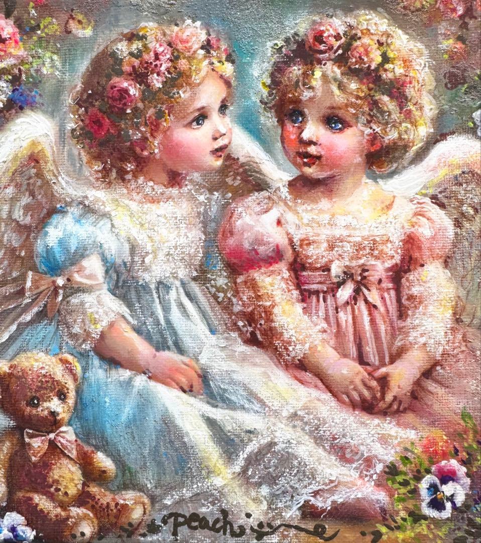 絵画原画　《2人のエンジェル》　くま　パンジー　エンジェル