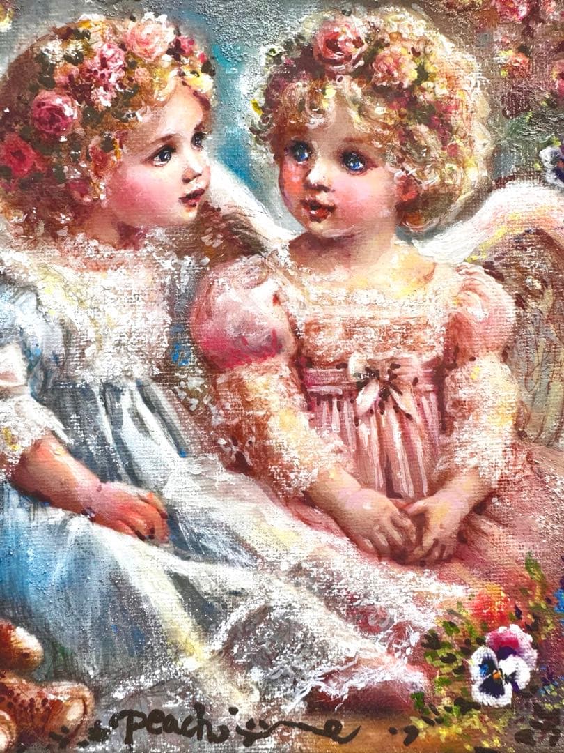 絵画原画　《2人のエンジェル》　くま　パンジー　エンジェル