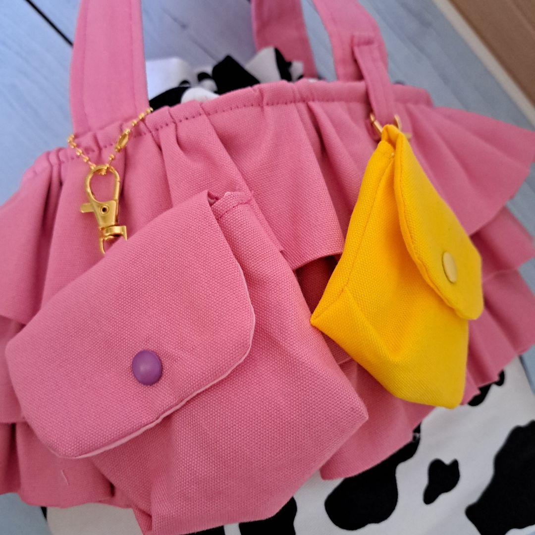 たっぷりフリル巾着トートバッグ　ピンク✕牛柄