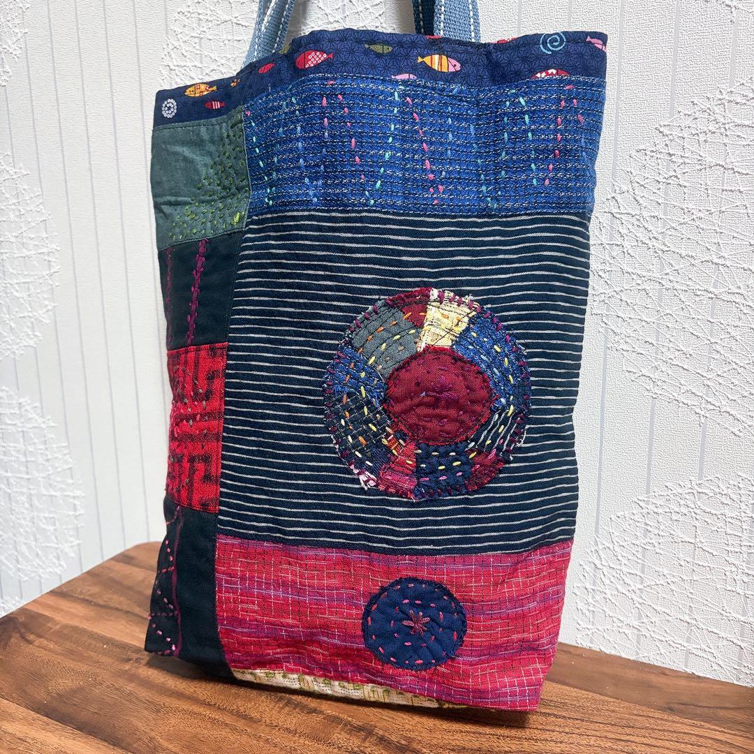 【ハンドメイド】和柄　刺し子とパッチワークのトートバッグ