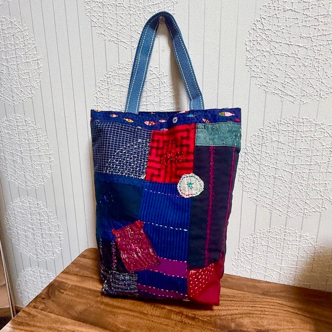 【ハンドメイド】和柄　刺し子とパッチワークのトートバッグ