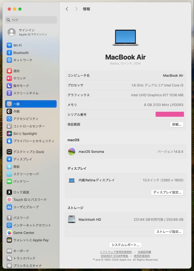 【美品】MacBook Air 13.3インチ 256GB SSD 2018