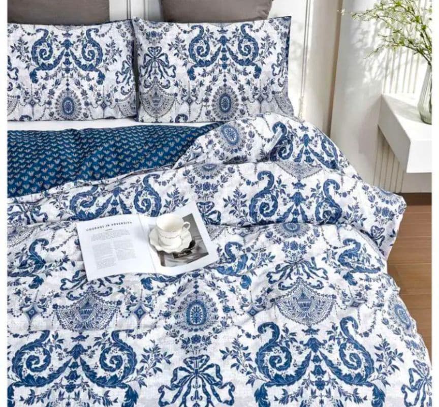 新品★最高級綿100%★ブルー＆ホワイト　レトロリボンシングルサイズ色落ちなし！