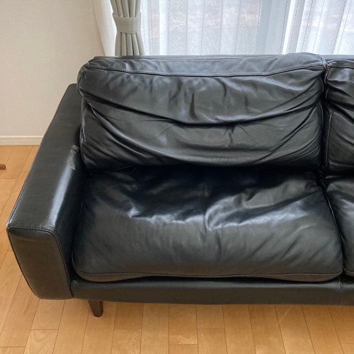 ソファー 黒 本皮 硬め オットマンなし ケユカ ３人がけ 直接引き取り可