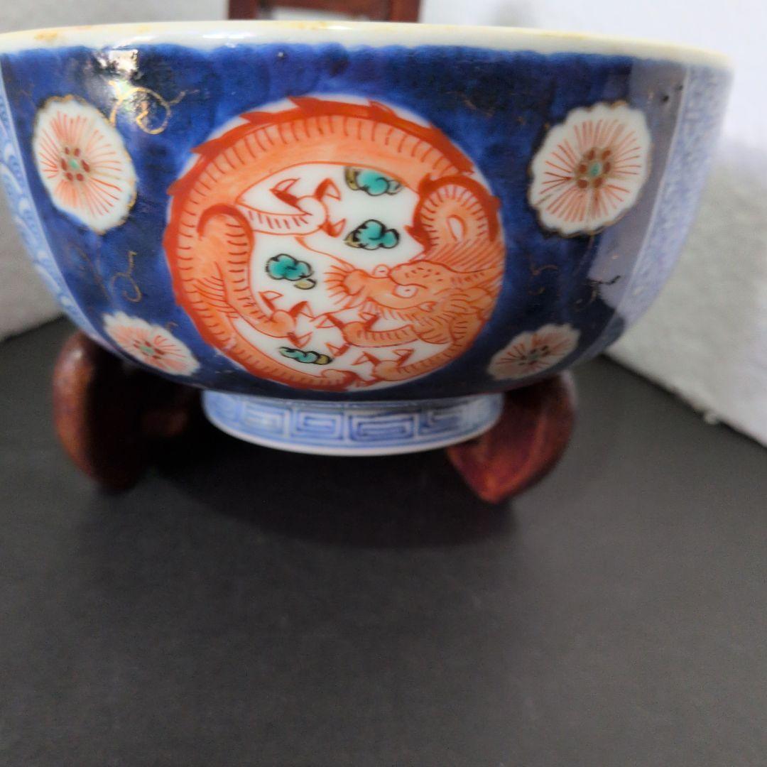 江戸中　赤絵金彩　中鉢　大清雍正　古伊万里　丸窓鳳凰と赤龍図　極上