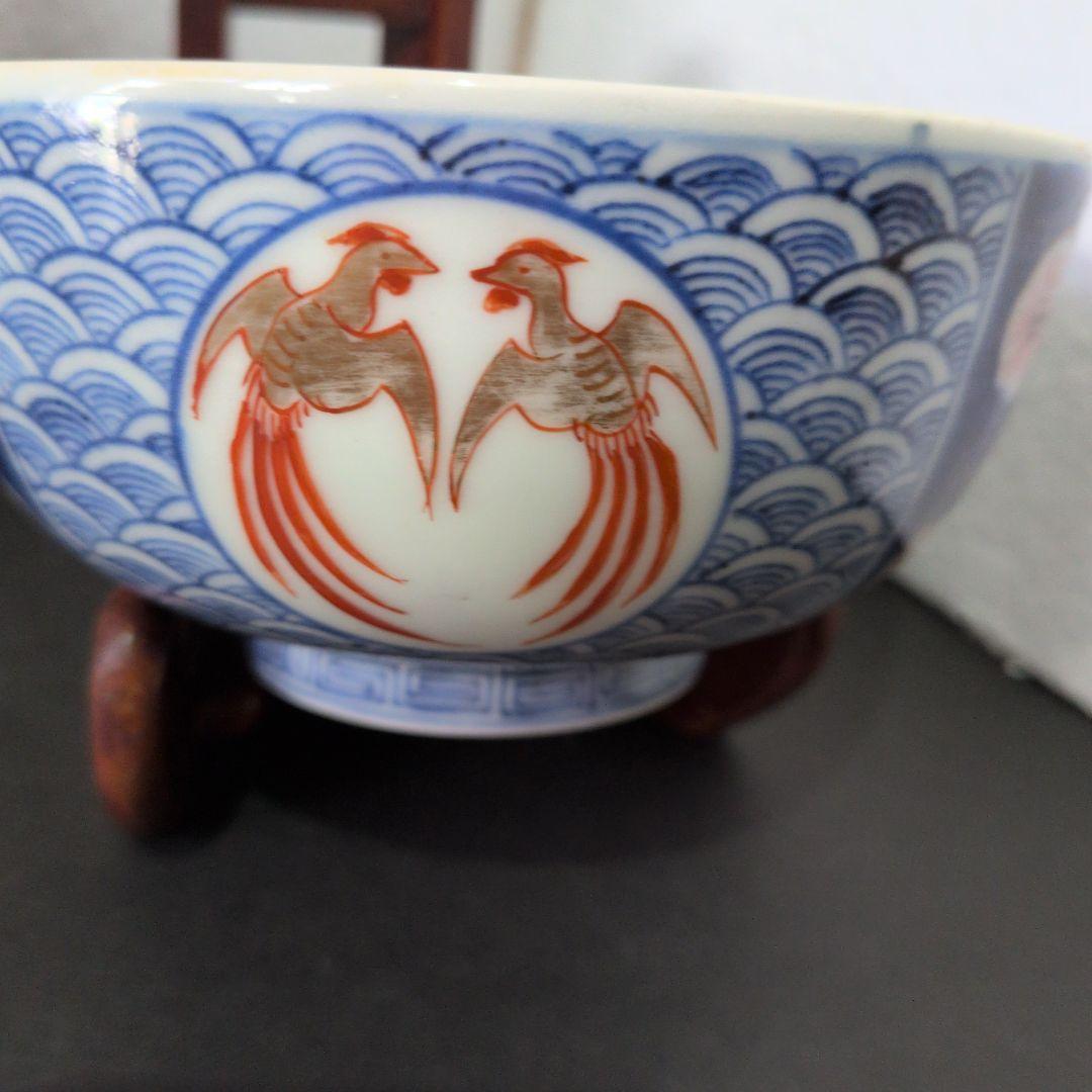 江戸中　赤絵金彩　中鉢　大清雍正　古伊万里　丸窓鳳凰と赤龍図　極上