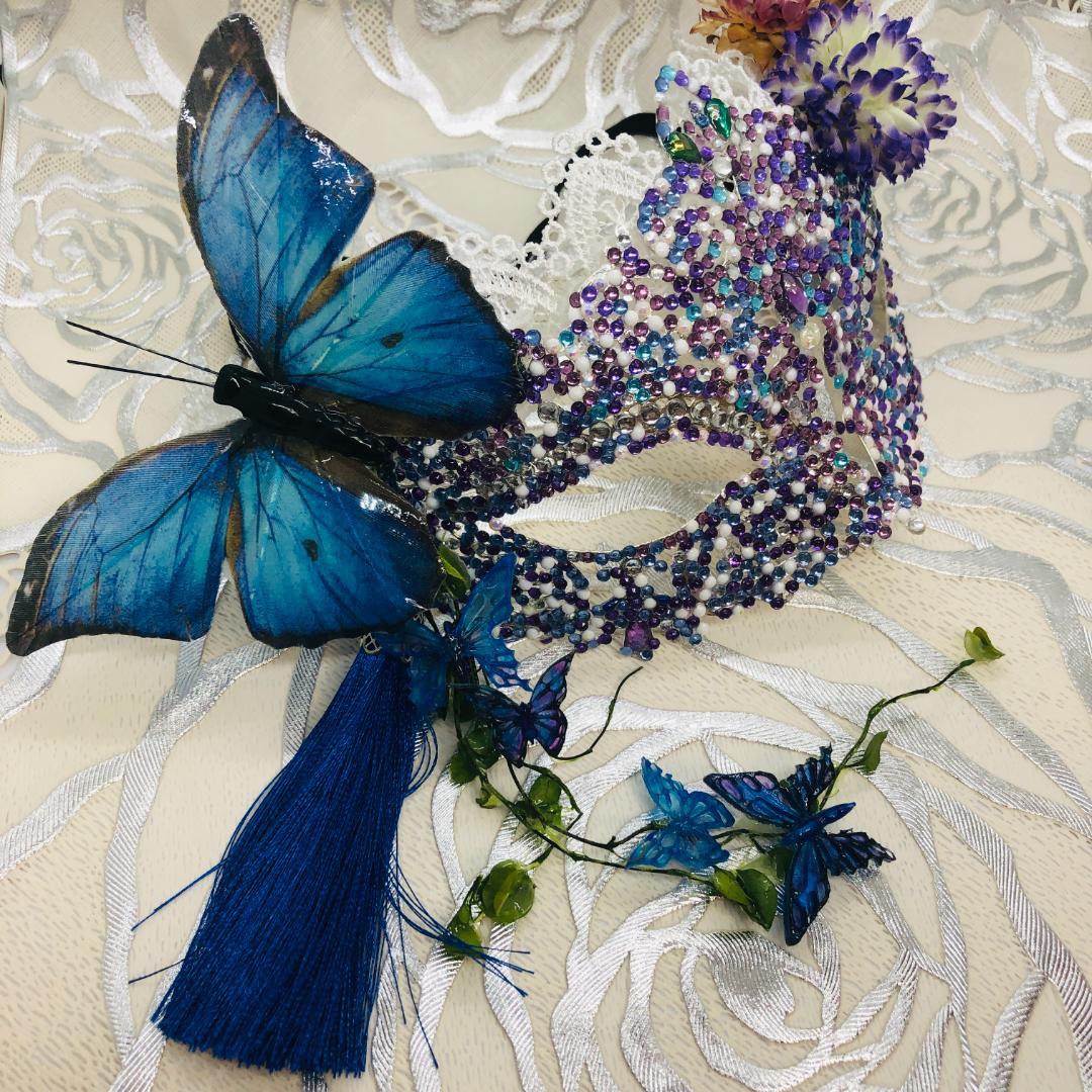 新品ハンドメイドブランドベネチアンマスク蝶ブルー系オブジェ【限定1点もの】