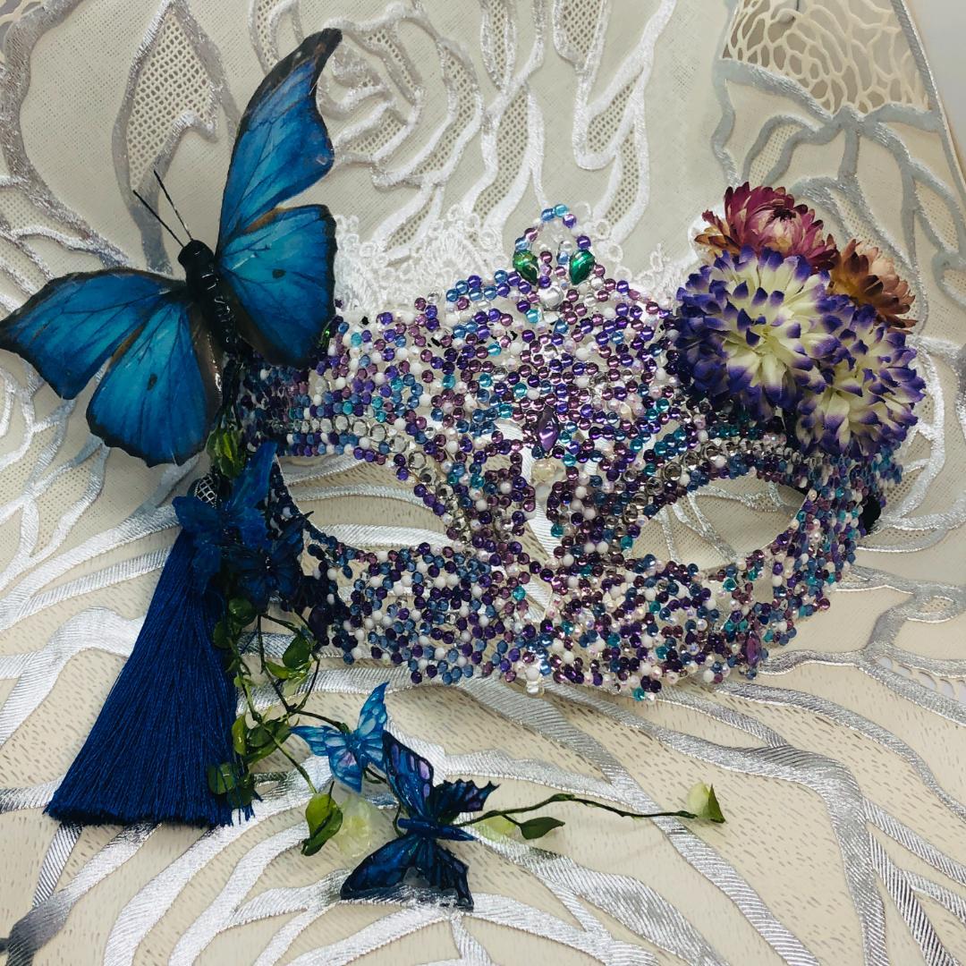 新品ハンドメイドブランドベネチアンマスク蝶ブルー系オブジェ【限定1点もの】