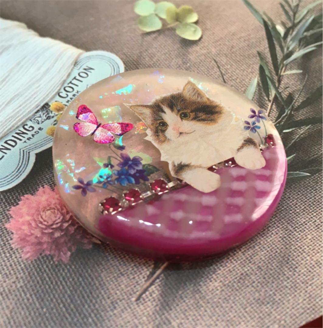 レジンヘアゴム、猫ちゃんチェーンビジューツートンカラーピンク