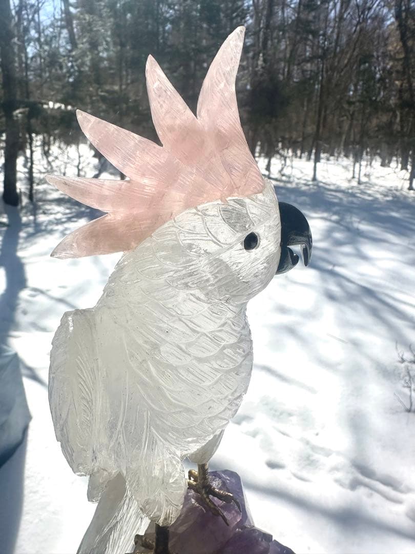 美品✨天然クリスタルとローズクオーツの鳥のオブジェ（アメジスト台座）