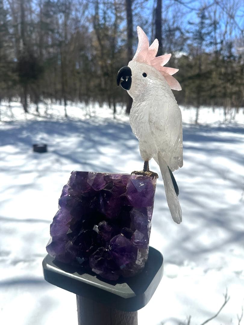 美品✨天然クリスタルとローズクオーツの鳥のオブジェ（アメジスト台座）