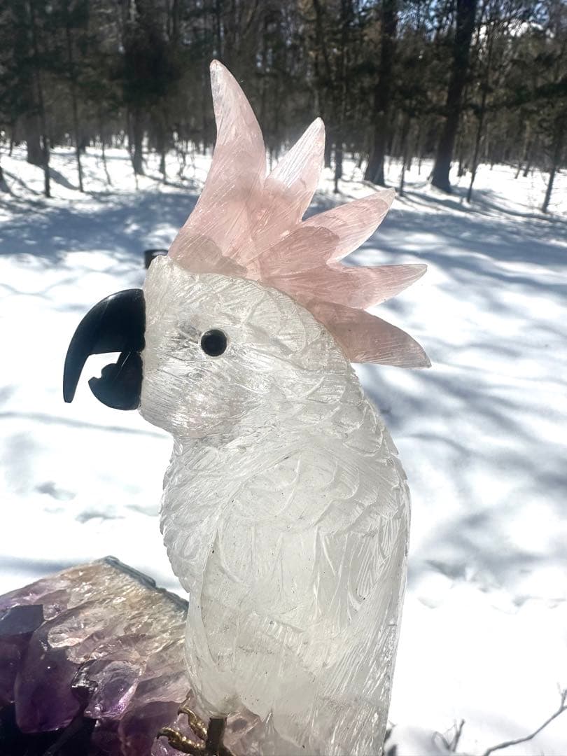 美品✨天然クリスタルとローズクオーツの鳥のオブジェ（アメジスト台座）