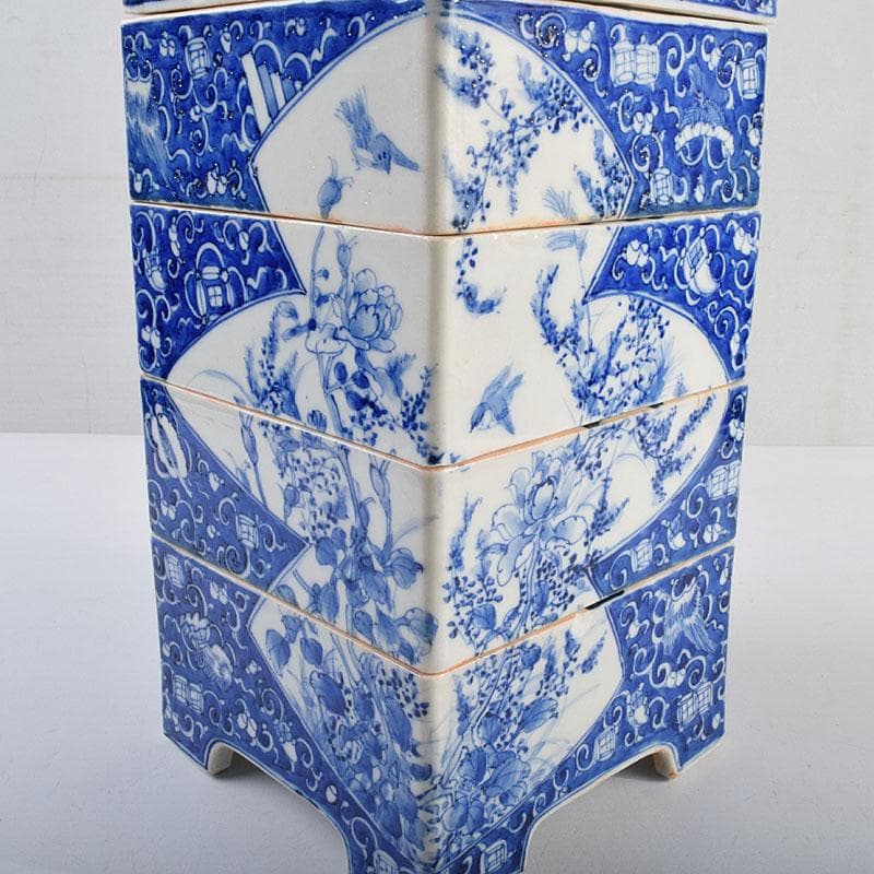 瀬戸焼　古瀬戸　染付　青山安次郎製画　花鳥文　四段重箱　F　R9572