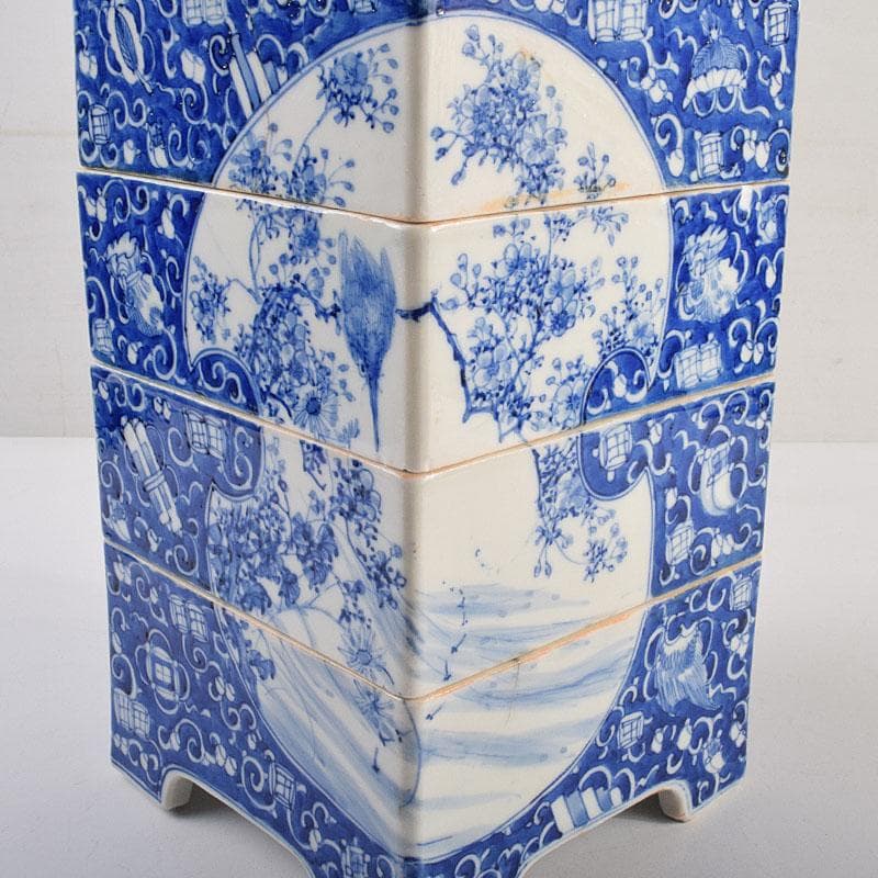 瀬戸焼　古瀬戸　染付　青山安次郎製画　花鳥文　四段重箱　F　R9572