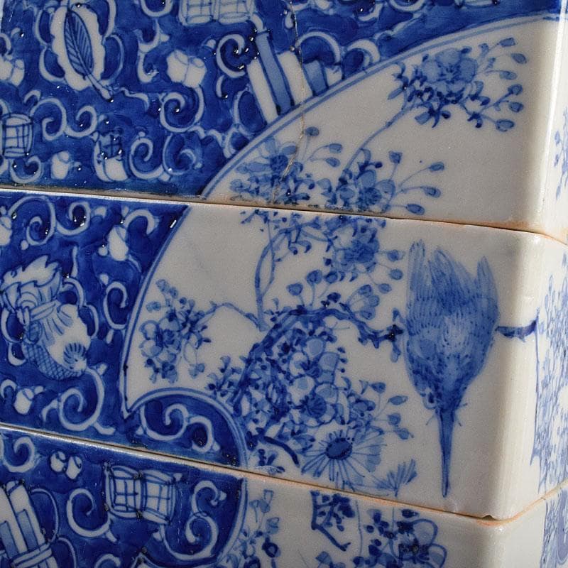 瀬戸焼　古瀬戸　染付　青山安次郎製画　花鳥文　四段重箱　F　R9572