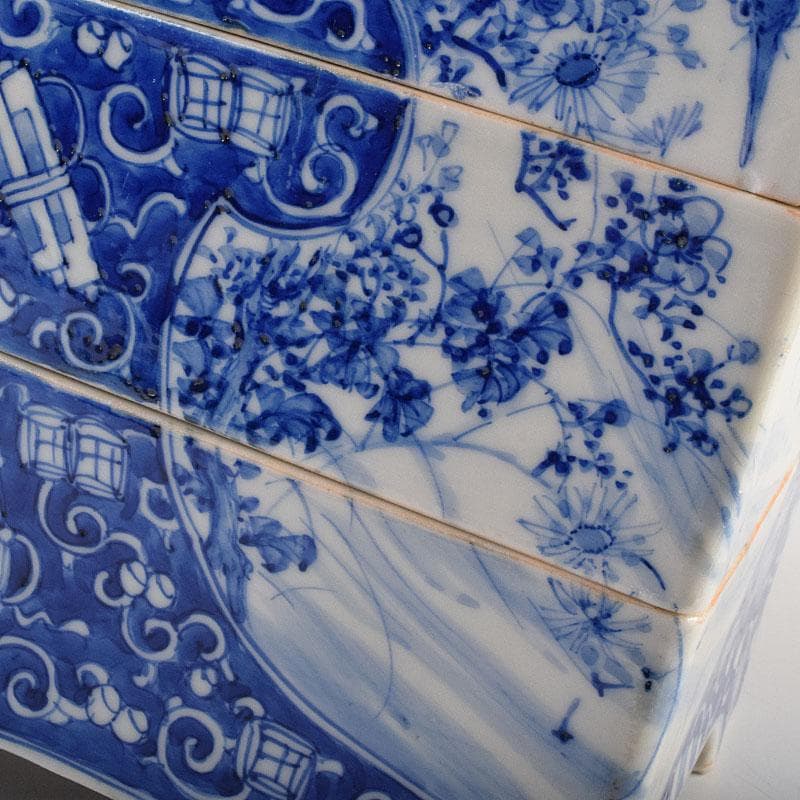 瀬戸焼　古瀬戸　染付　青山安次郎製画　花鳥文　四段重箱　F　R9572