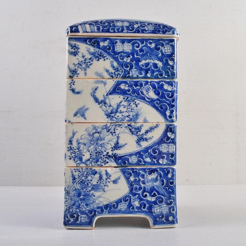 瀬戸焼　古瀬戸　染付　青山安次郎製画　花鳥文　四段重箱　F　R9572