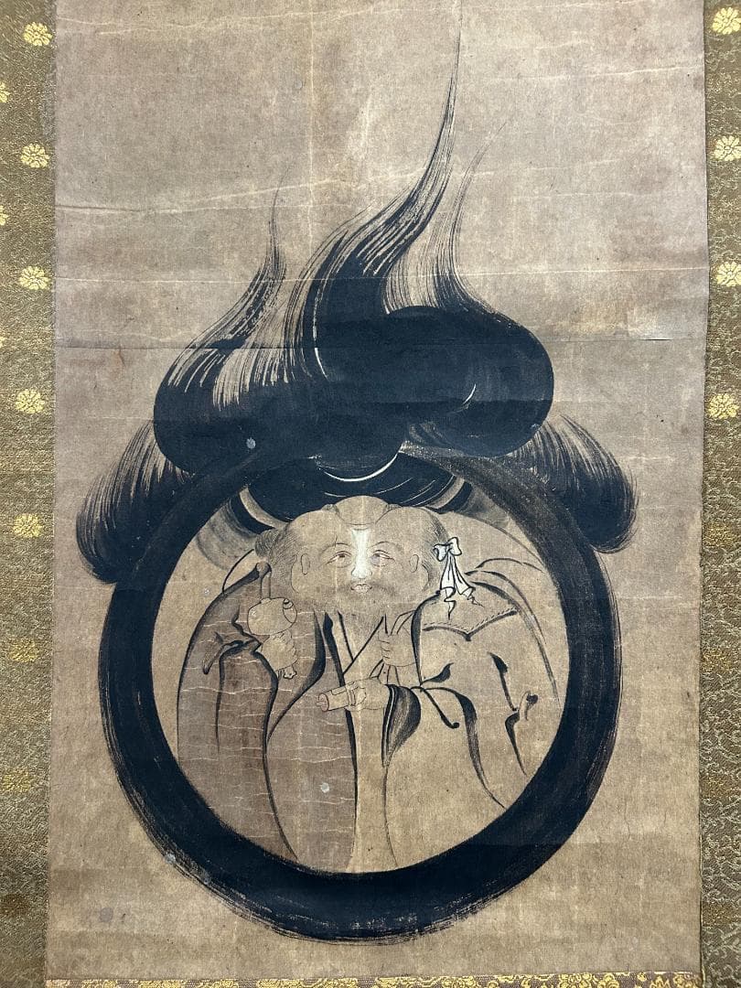 江戸時代 二面大黒天玉 画賛 紙本 肉筆 掛軸 仏画 仏教美術　50