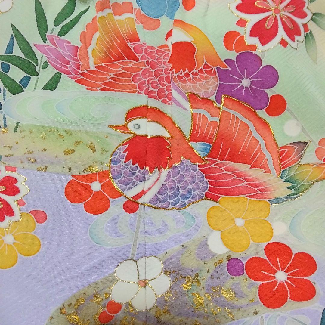 正絹京友禅☆箔散らし＋金駒刺繡☆八重紅枝垂れ桜や鴛鴦雅やかな7歳七五三向け祝い着
