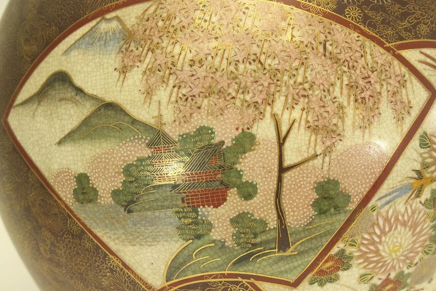 薩摩 連山 金彩 百花紋 四耳壷(A634)