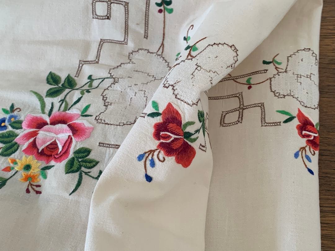 フランス　ヴィンテージ テーブルクロス　薔薇　刺繍　蚤の市