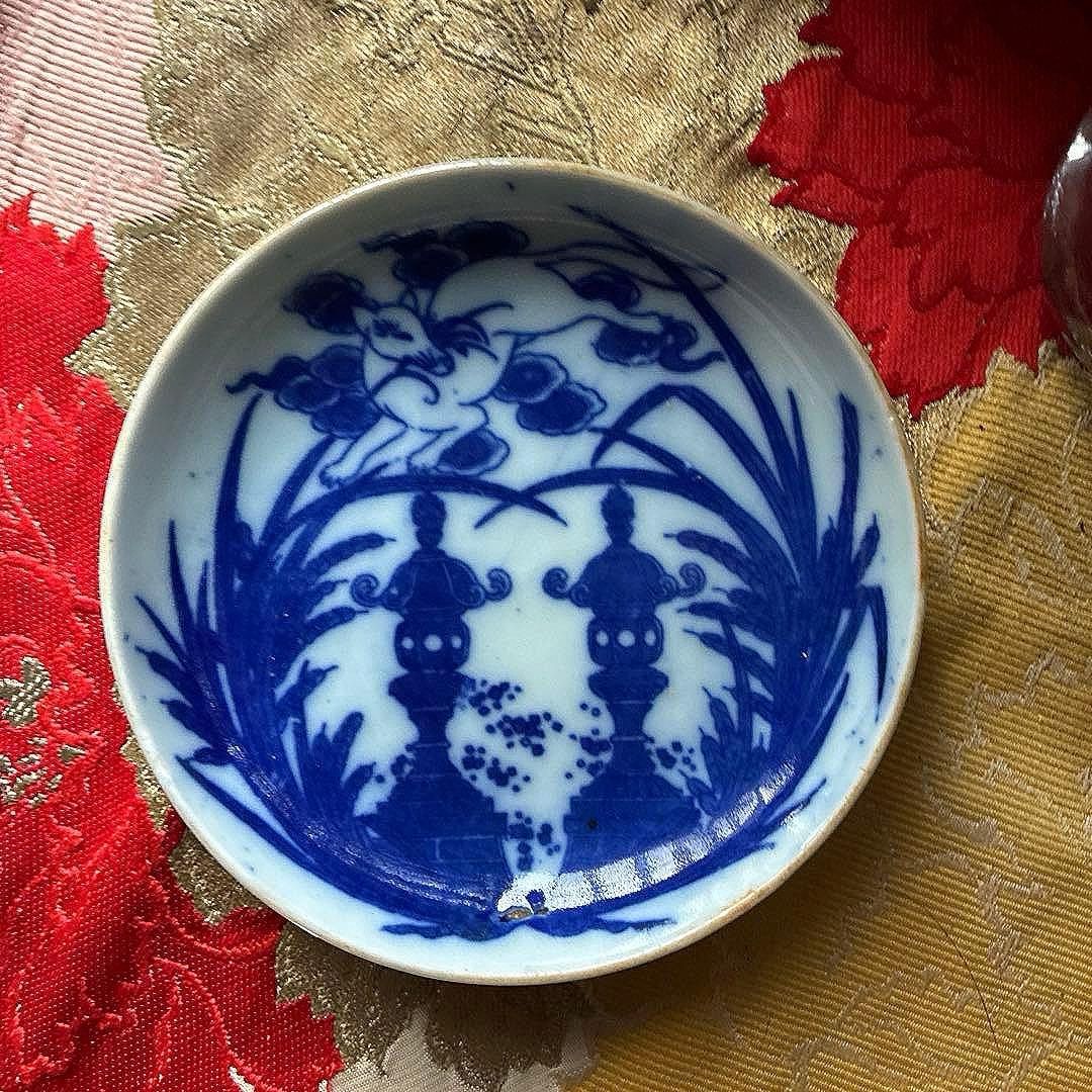 骨董　図変わり印判手　超希少　稲荷神社の図　妖狐に石燈籠　蒲　手塩皿　１客限り