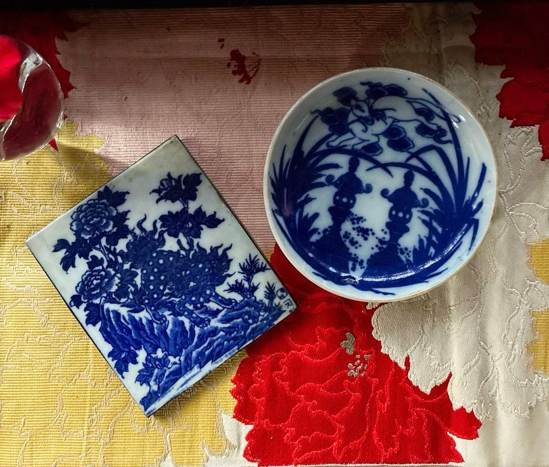 骨董　図変わり印判手　超希少　稲荷神社の図　妖狐に石燈籠　蒲　手塩皿　１客限り