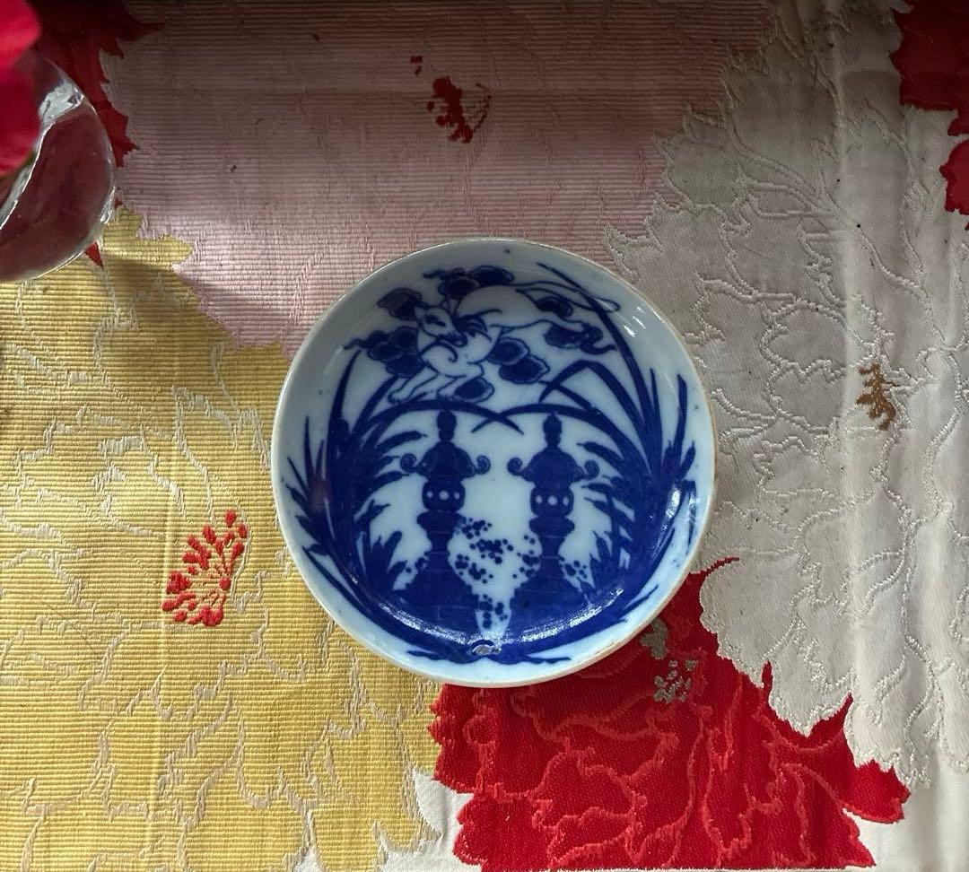 骨董　図変わり印判手　超希少　稲荷神社の図　妖狐に石燈籠　蒲　手塩皿　１客限り