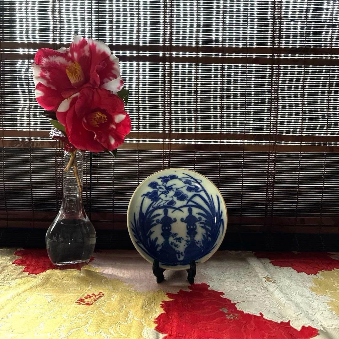 骨董　図変わり印判手　超希少　稲荷神社の図　妖狐に石燈籠　蒲　手塩皿　１客限り